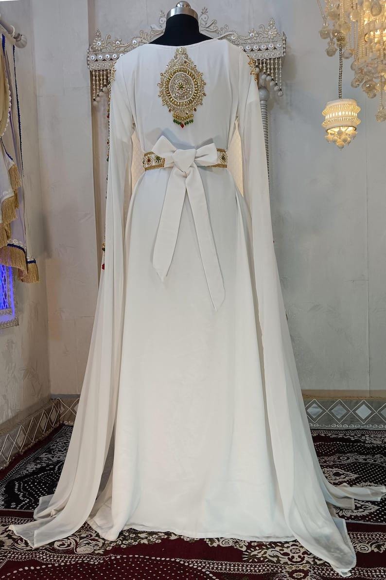 White Moroccan Embroidered Kaftan Dress – Handmade Abaya Gown, Formal Maxi Caftan for Wedding, Eid, Party