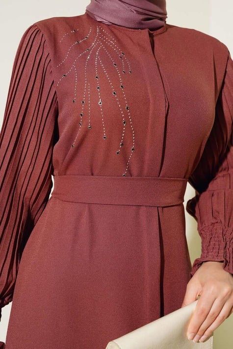 Sleeve Pleated Stoned Abaya Burgundy