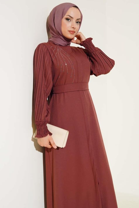 Sleeve Pleated Stoned Abaya Burgundy