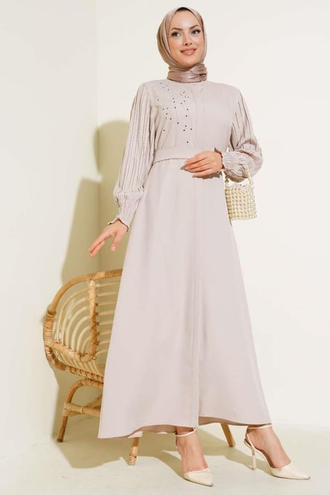 Sleeve Pleated Stone Abaya Stone