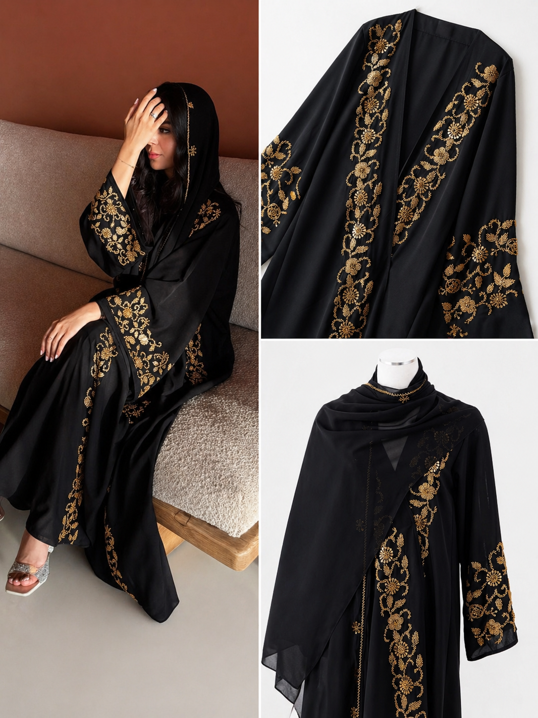 Black Abaya with Gold Embroidery – Elegant Modest Cardigan Set