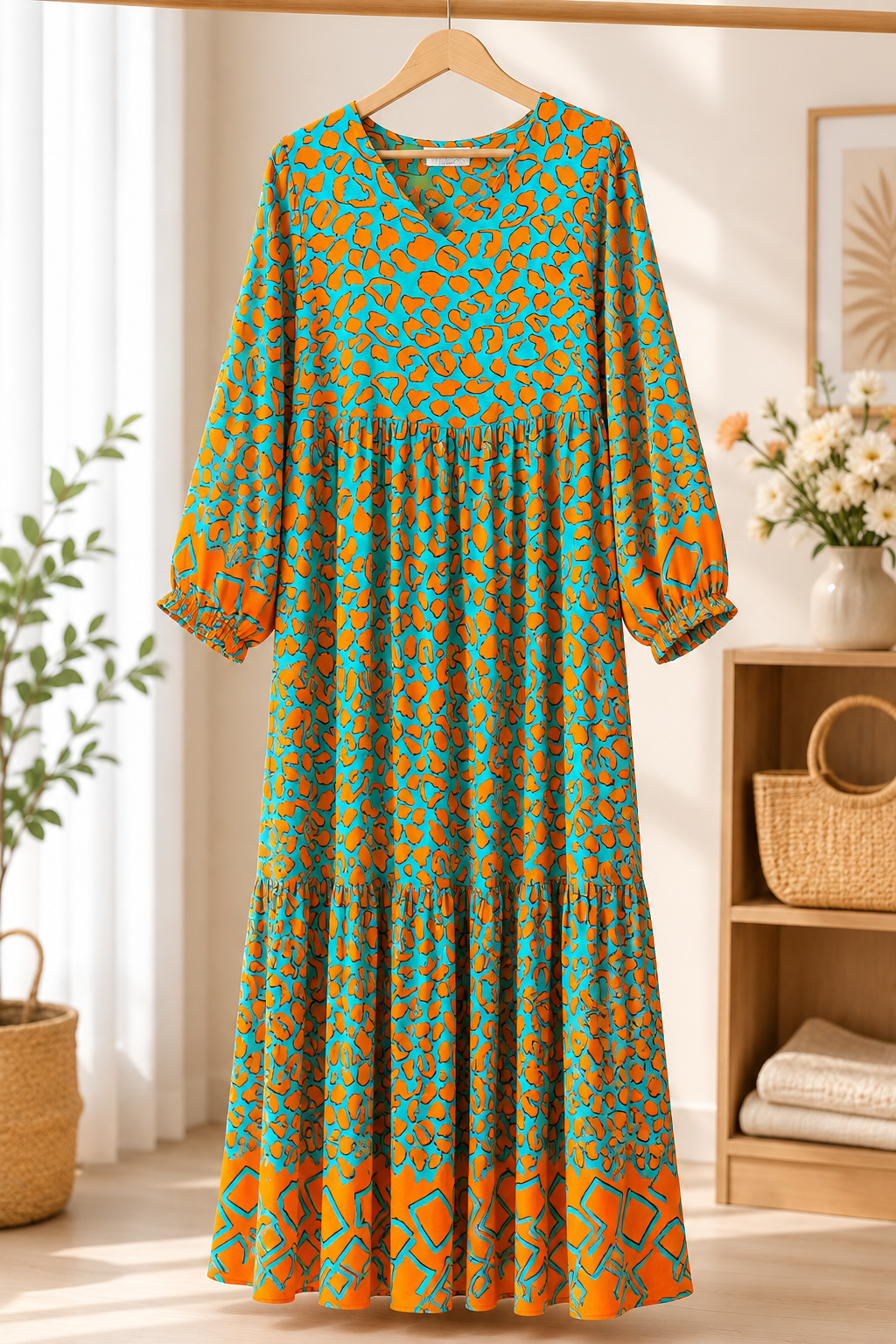 Boho Print Maxi Dress | Long Sleeve Modest Dress | Colorful Casual Dress | Women’s Loose Fit Dress
