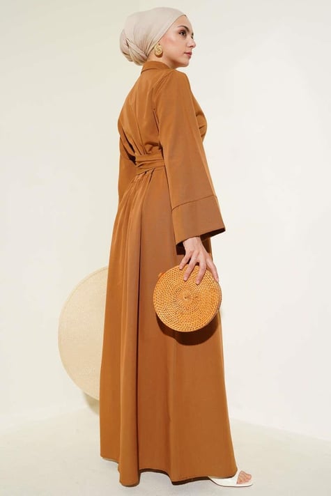 Side Tie Half Cross Button Dress Tan