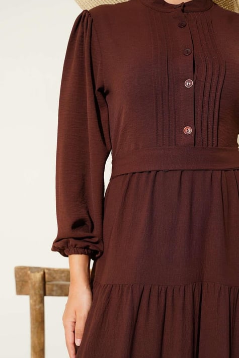Half Pleated Buttoned Dress Brown