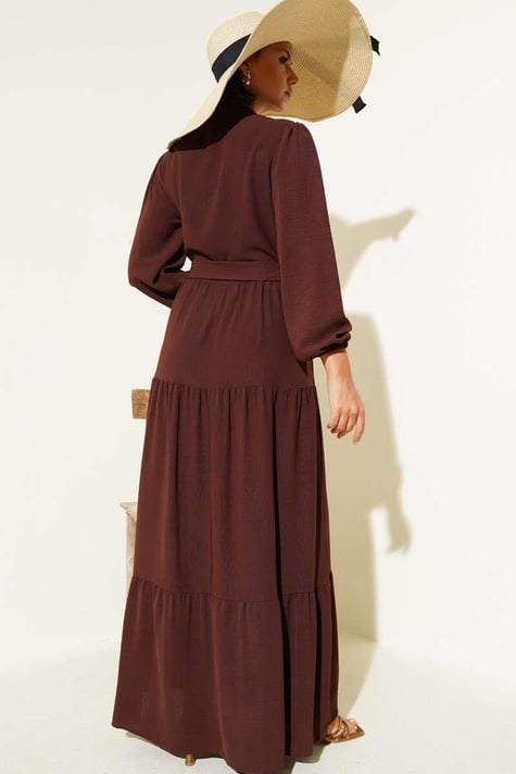 Half Pleated Buttoned Dress Brown