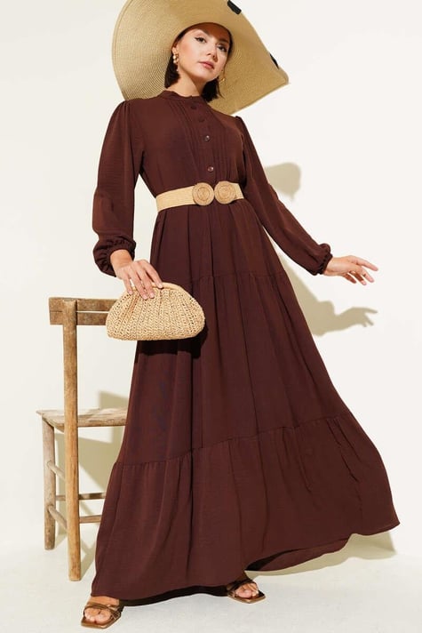 Half Pleated Buttoned Dress Brown