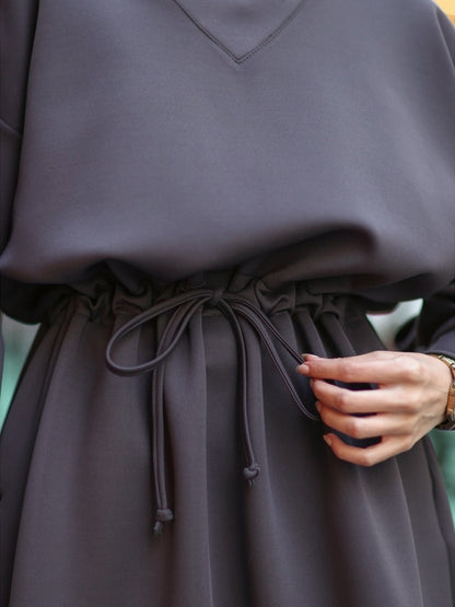 Dark Gray Batwing Dress – Lightweight Modest Fashion Solid Color Long Sleeve Dress