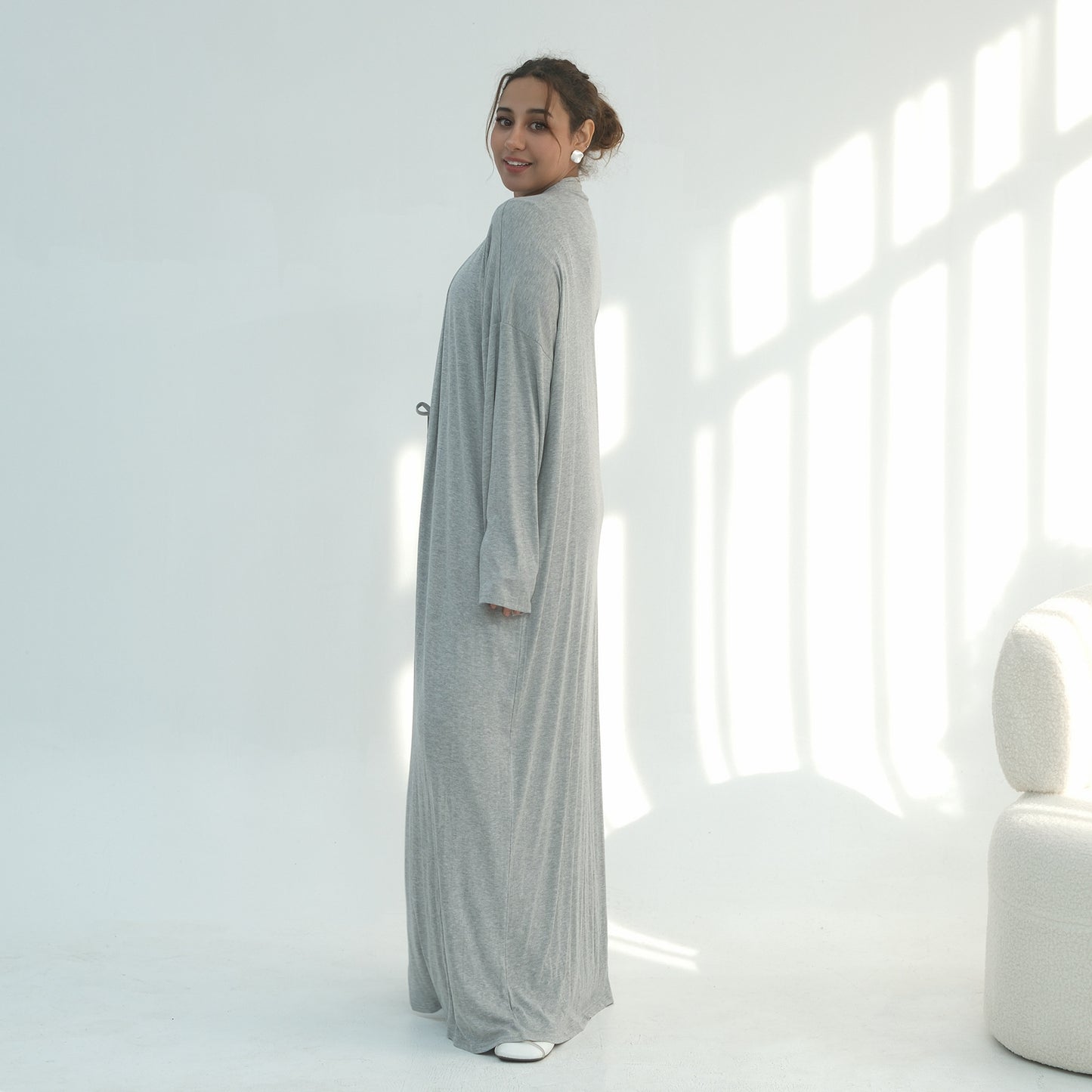 3 Piece Modest Lounge Set for Women, Open Cardigan Abaya, Matching Hijab, Short Sleeve Top & Wide Leg Pants, Soft Jersey Outfit
