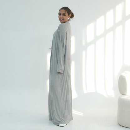 3 Piece Modest Lounge Set for Women, Open Cardigan Abaya, Matching Hijab, Short Sleeve Top & Wide Leg Pants, Soft Jersey Outfit