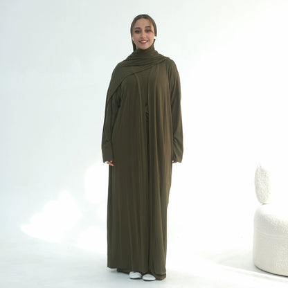 3 Piece Modest Lounge Set for Women, Open Cardigan Abaya, Matching Hijab, Short Sleeve Top & Wide Leg Pants, Soft Jersey Outfit
