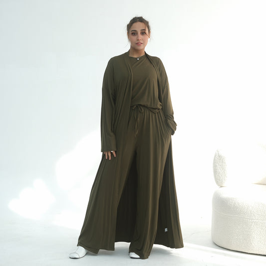 3 Piece Modest Lounge Set for Women, Open Cardigan Abaya, Matching Hijab, Short Sleeve Top & Wide Leg Pants, Soft Jersey Outfit