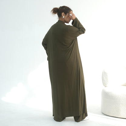 3 Piece Modest Lounge Set for Women, Open Cardigan Abaya, Matching Hijab, Short Sleeve Top & Wide Leg Pants, Soft Jersey Outfit