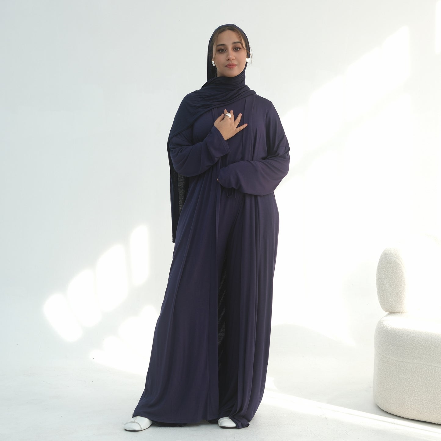 3 Piece Modest Lounge Set for Women, Open Cardigan Abaya, Matching Hijab, Short Sleeve Top & Wide Leg Pants, Soft Jersey Outfit