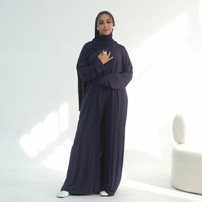 3 Piece Modest Lounge Set for Women, Open Cardigan Abaya, Matching Hijab, Short Sleeve Top & Wide Leg Pants, Soft Jersey Outfit