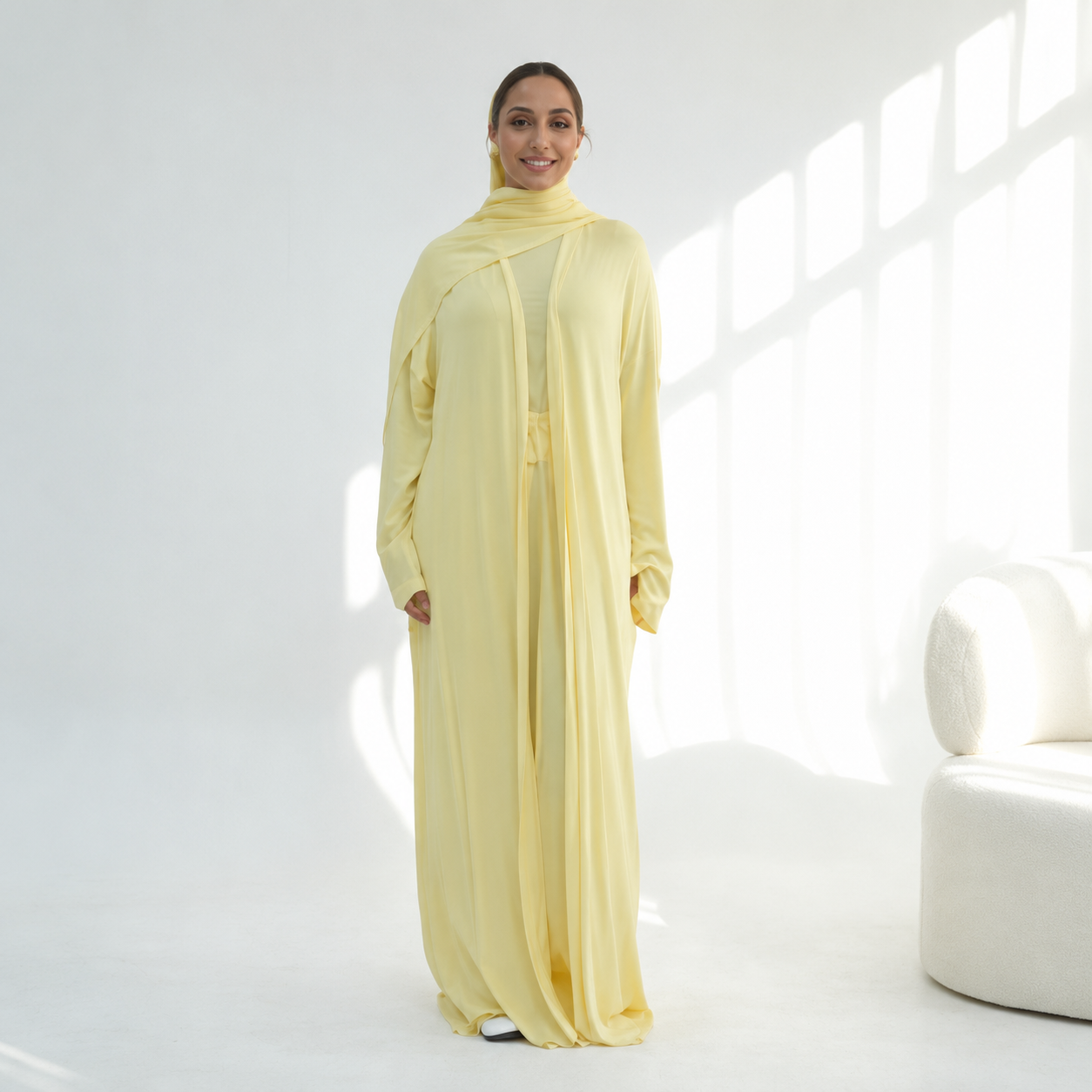 3 Piece Modest Lounge Set for Women, Open Cardigan Abaya, Matching Hijab, Short Sleeve Top & Wide Leg Pants, Soft Jersey Outfit