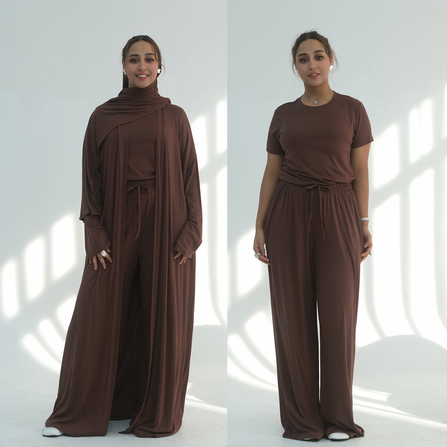 3 Piece Modest Lounge Set for Women, Open Cardigan Abaya, Matching Hijab, Short Sleeve Top & Wide Leg Pants, Soft Jersey Outfit