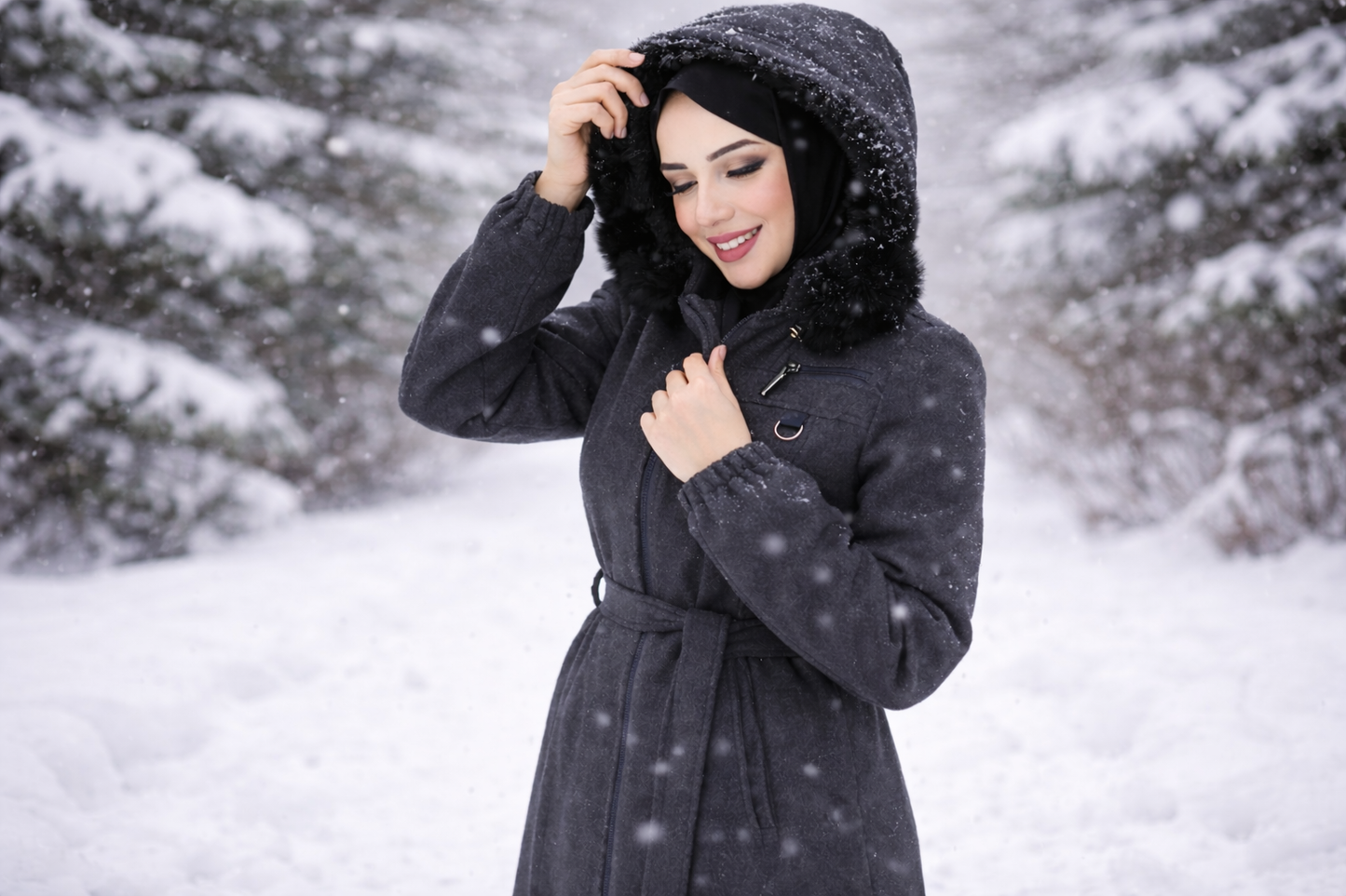 Women elegant Navy Long Coat – Belted waist, zip-up design