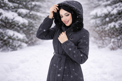 Women elegant Navy Long Coat – Belted waist, zip-up design