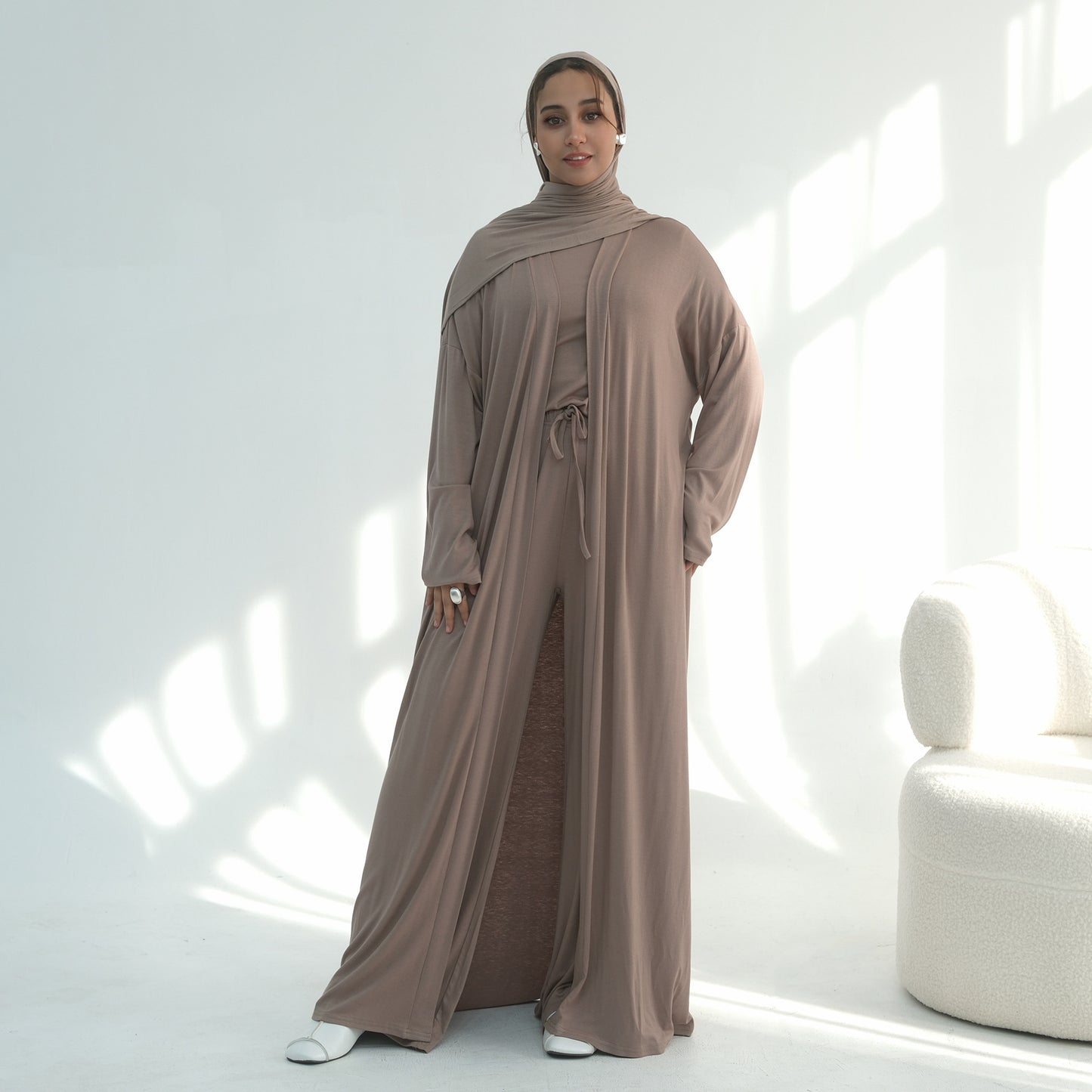 3 Piece Modest Lounge Set for Women, Open Cardigan Abaya, Matching Hijab, Short Sleeve Top & Wide Leg Pants, Soft Jersey Outfit