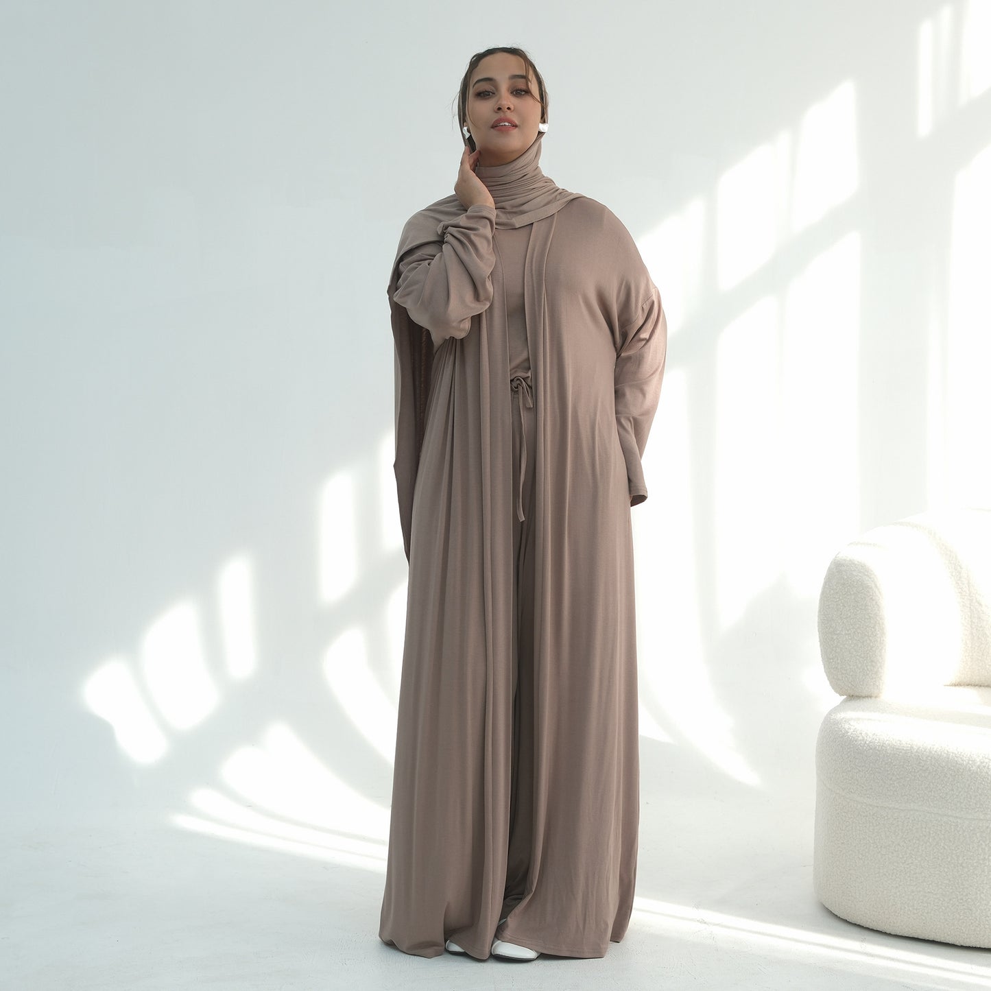 3 Piece Modest Lounge Set for Women, Open Cardigan Abaya, Matching Hijab, Short Sleeve Top & Wide Leg Pants, Soft Jersey Outfit