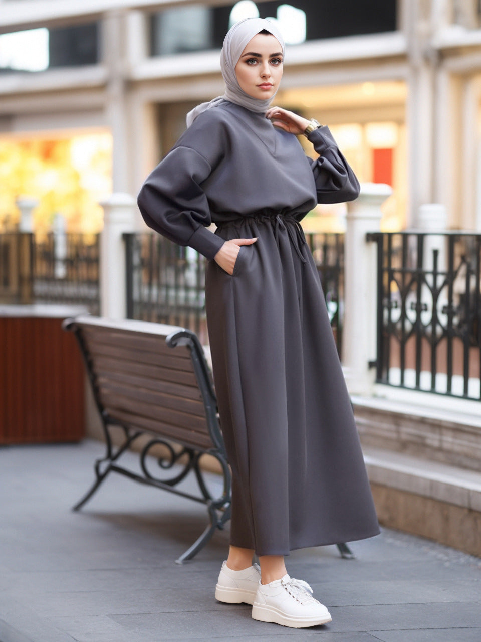 Dark Gray Batwing Dress – Lightweight Modest Fashion Solid Color Long Sleeve Dress
