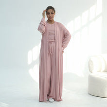3 Piece Modest Lounge Set for Women, Open Cardigan Abaya, Matching Hijab, Short Sleeve Top & Wide Leg Pants, Soft Jersey Outfit