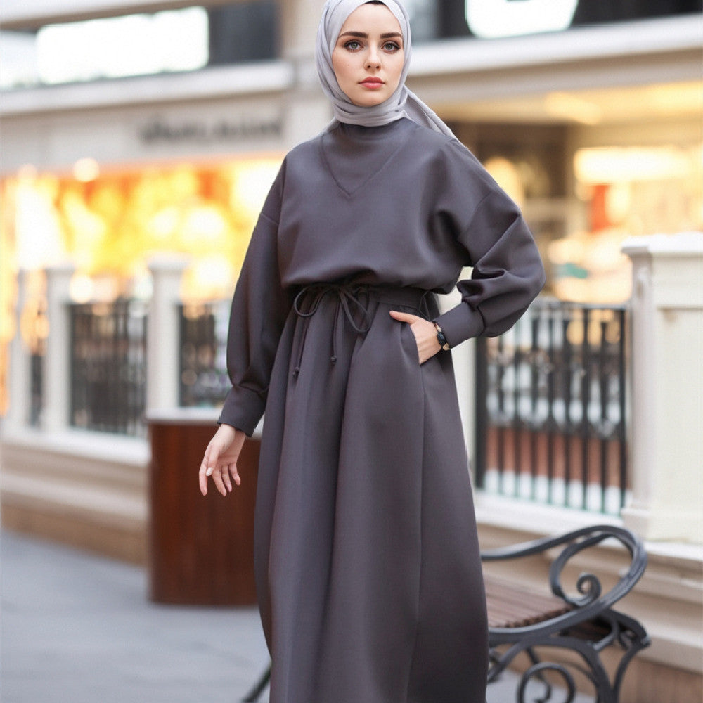 Dark Gray Batwing Dress – Lightweight Modest Fashion Solid Color Long Sleeve Dress