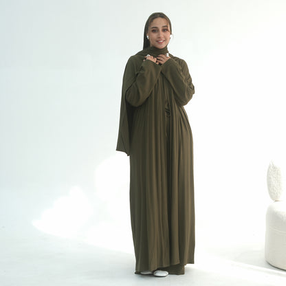 3 Piece Modest Lounge Set for Women, Open Cardigan Abaya, Matching Hijab, Short Sleeve Top & Wide Leg Pants, Soft Jersey Outfit