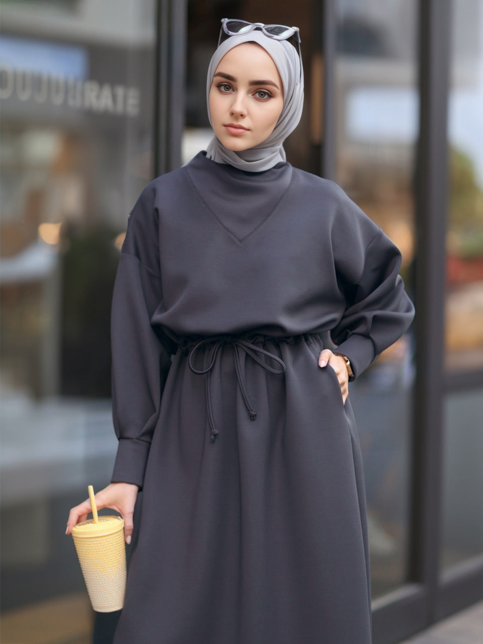 Dark Gray Batwing Dress – Lightweight Modest Fashion Solid Color Long Sleeve Dress