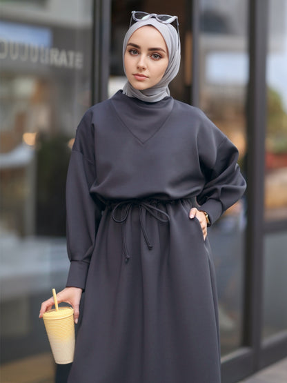 Dark Gray Batwing Dress – Lightweight Modest Fashion Solid Color Long Sleeve Dress