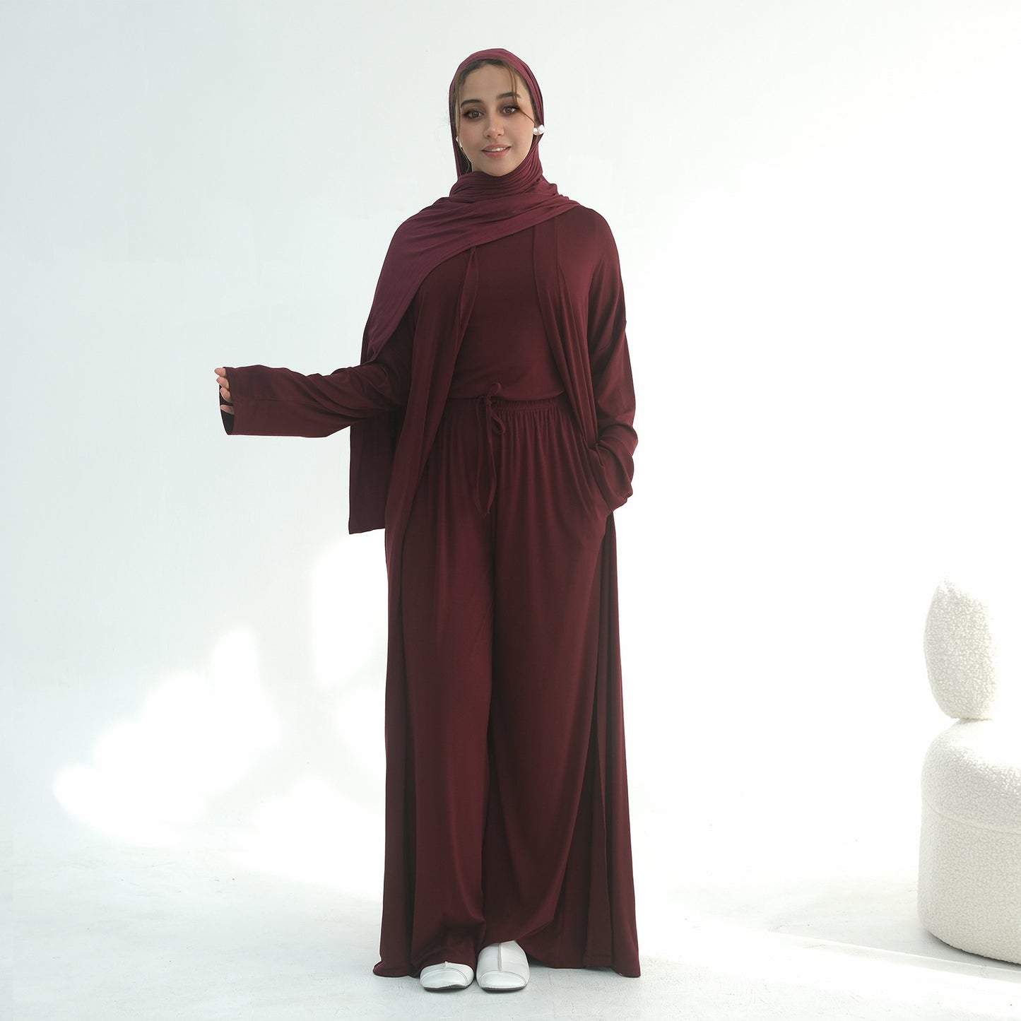 3 Piece Modest Lounge Set for Women, Open Cardigan Abaya, Matching Hijab, Short Sleeve Top & Wide Leg Pants, Soft Jersey Outfit