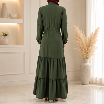 Elegant Olive Green Abaya Dress with Belt – Modest Long Sleeve Maxi Dress