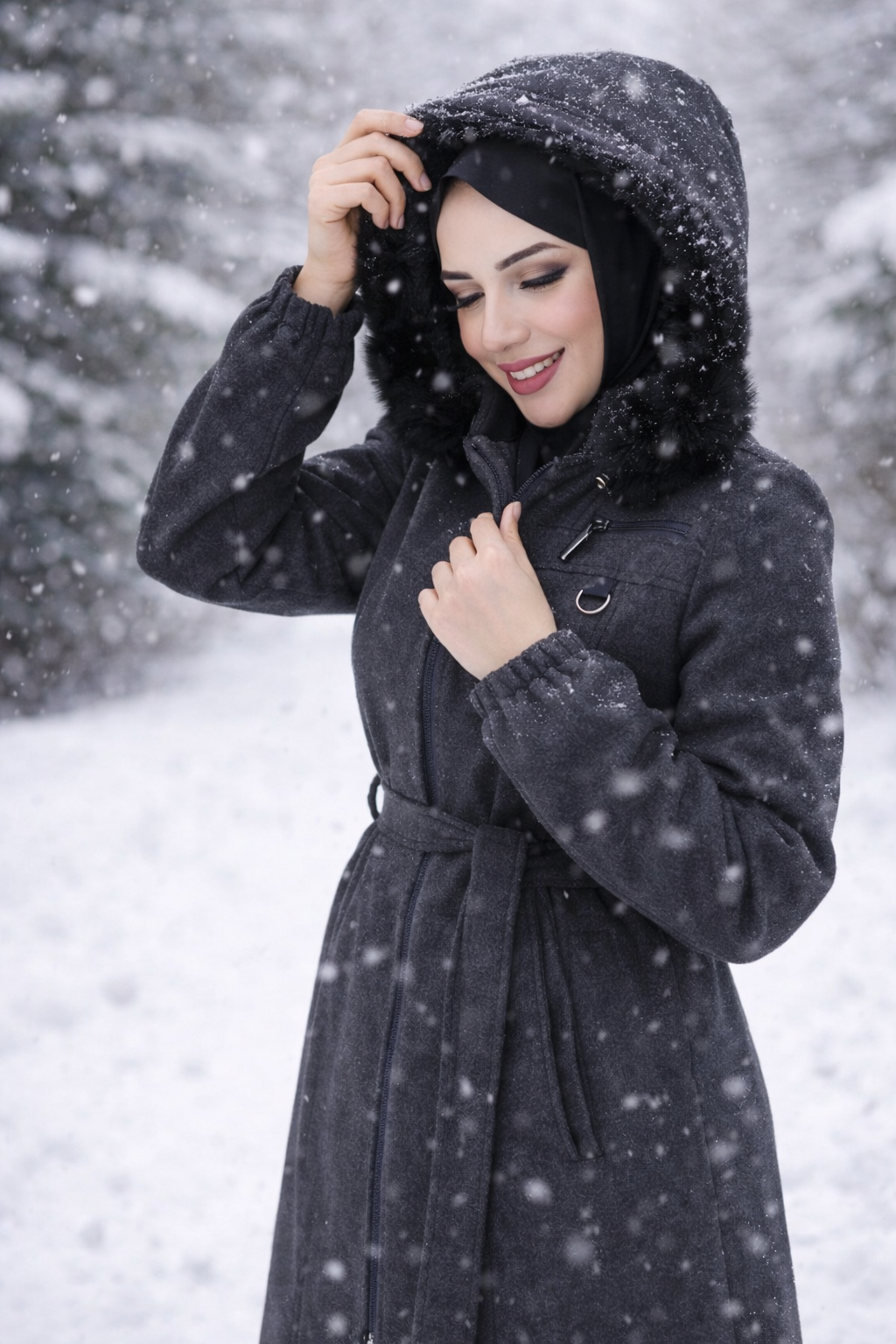 Women elegant Navy Long Coat – Belted waist, zip-up design