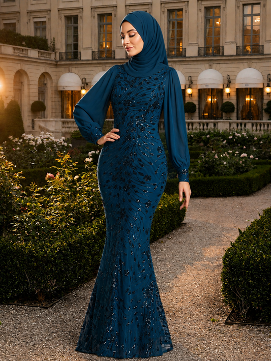 Elegant Teal Sequin Mermaid Evening Dress – Long Sleeve V-Neck Formal Gown