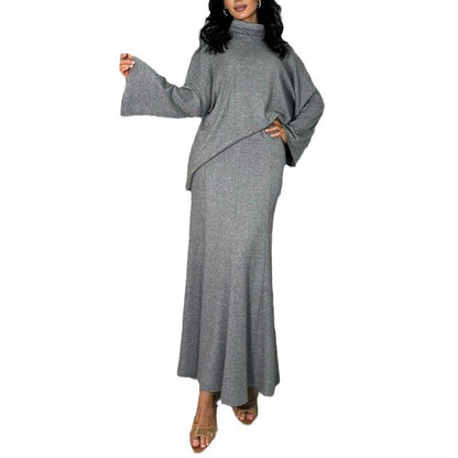 New long sleeve temperament high collar loose autumn and winter knitted skirt two-piece set