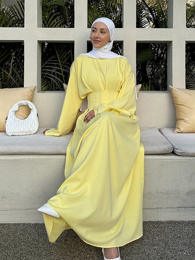 Elegant Pastel Yellow Pleated Abaya