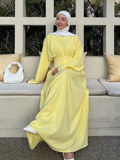 Elegant Pastel Yellow Pleated Abaya