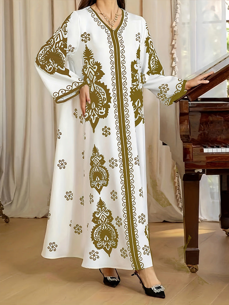 Color: White with olive-gold print