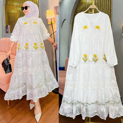 Floral Maxi Abaya Dress – Beige, White, Blue.