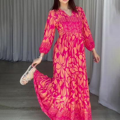 New V-neck Lantern Sleeve Printed High Waist Retro Slim Dress