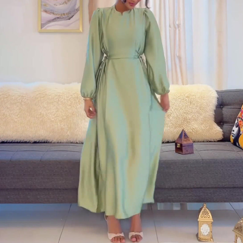 New Style Round Neck Lantern Sleeve Waist-Tie Fashion Long Dress