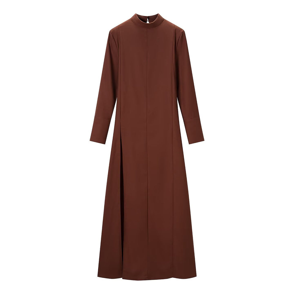 A long-sleeved, high-neck maxi dress in a solid dark brown color, displayed on a clean white background.