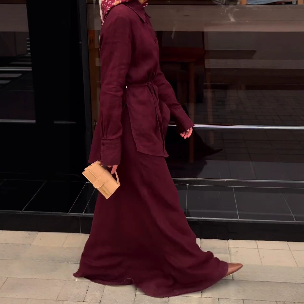 Simple Fashion Elegant Temperament Versatile Elegant Purple Long-Sleeve Tie Long Dress