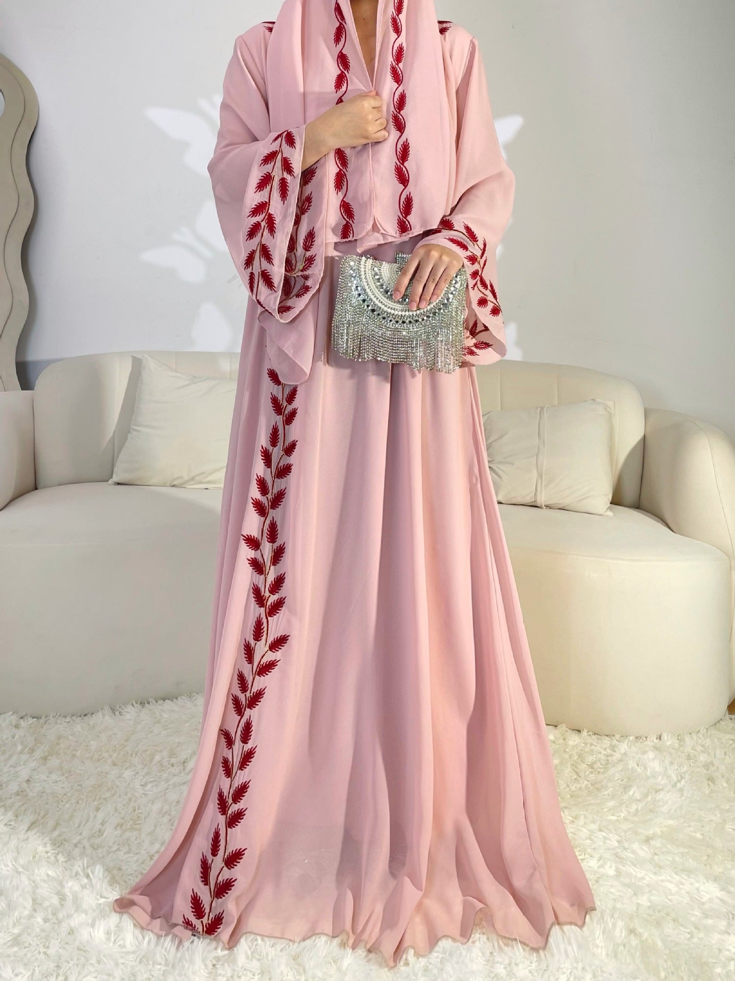 Turkish Style Embroidered Skirt Chiffon Long Dress with Headscarf