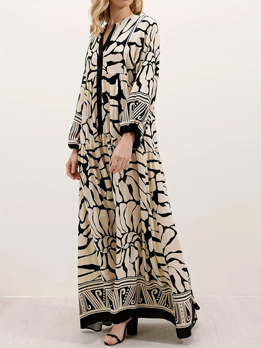 Black Cotton Printed Maxi Dress – Elegant Loose-Fit Long Sleeve Abaya Style