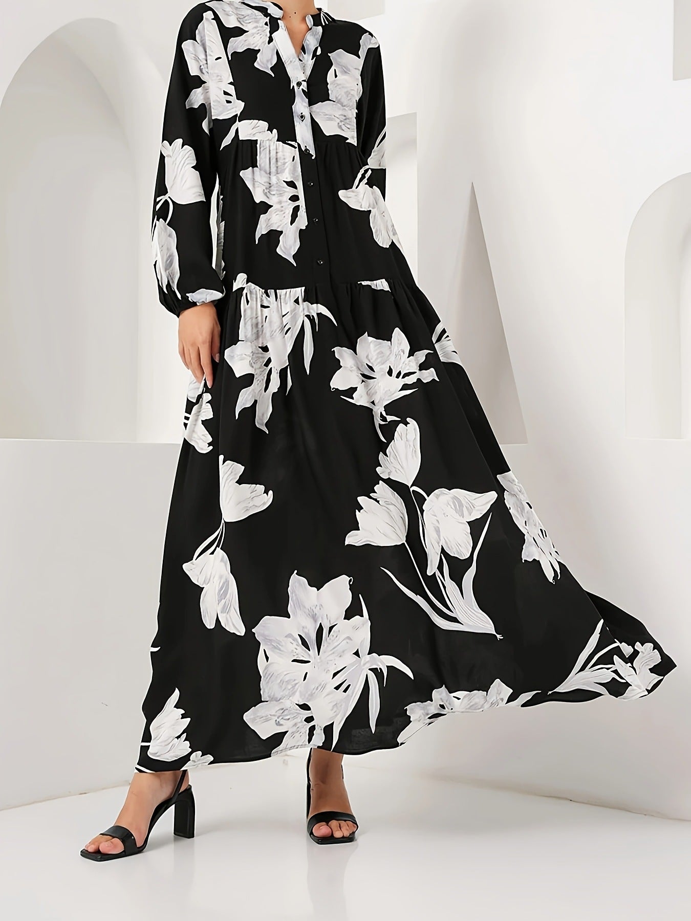 Black Cotton Printed Maxi Dress – Elegant Loose-Fit Long Sleeve Abaya Style