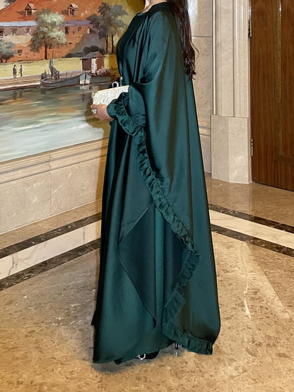 Elegant Satin Batwing Abaya with Rhinestone Belt – Luxury Modest Evening Dress