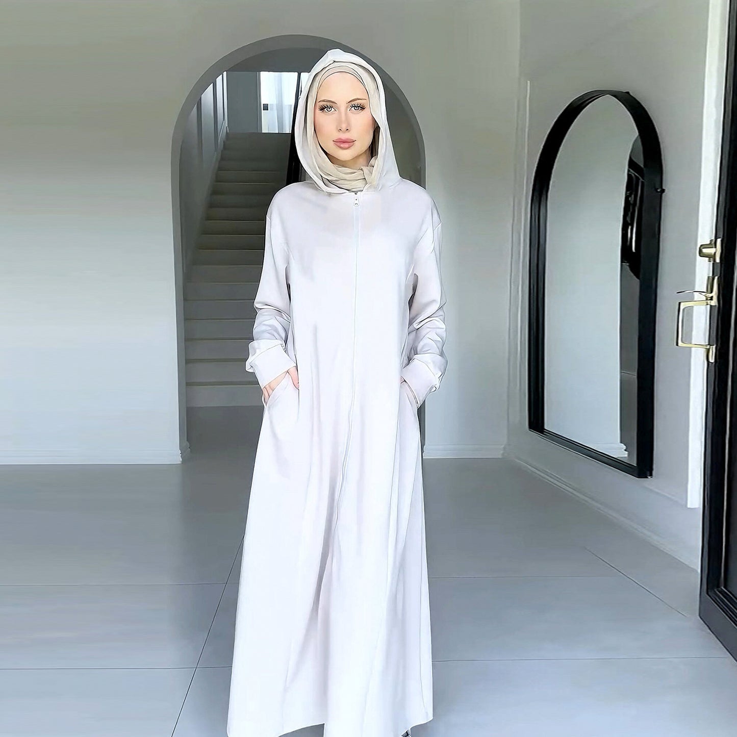 Modest Zip Hoodie Abaya Dress – Long Sleeve Hooded Maxi Cardigan for Women