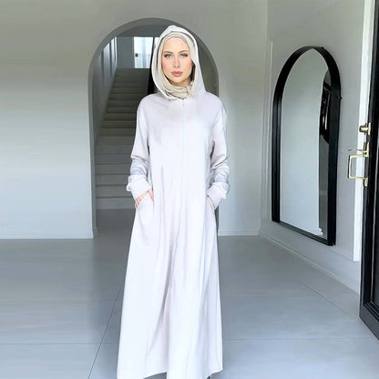Modest Zip Hoodie Abaya Dress – Long Sleeve Hooded Maxi Cardigan for Women
