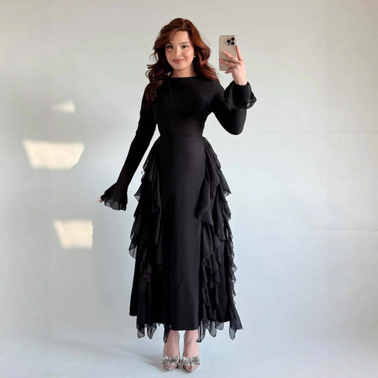 New Style Waist-Cinching Banquet Ruffled Round-Neck Long-Sleeve Socialite Dress